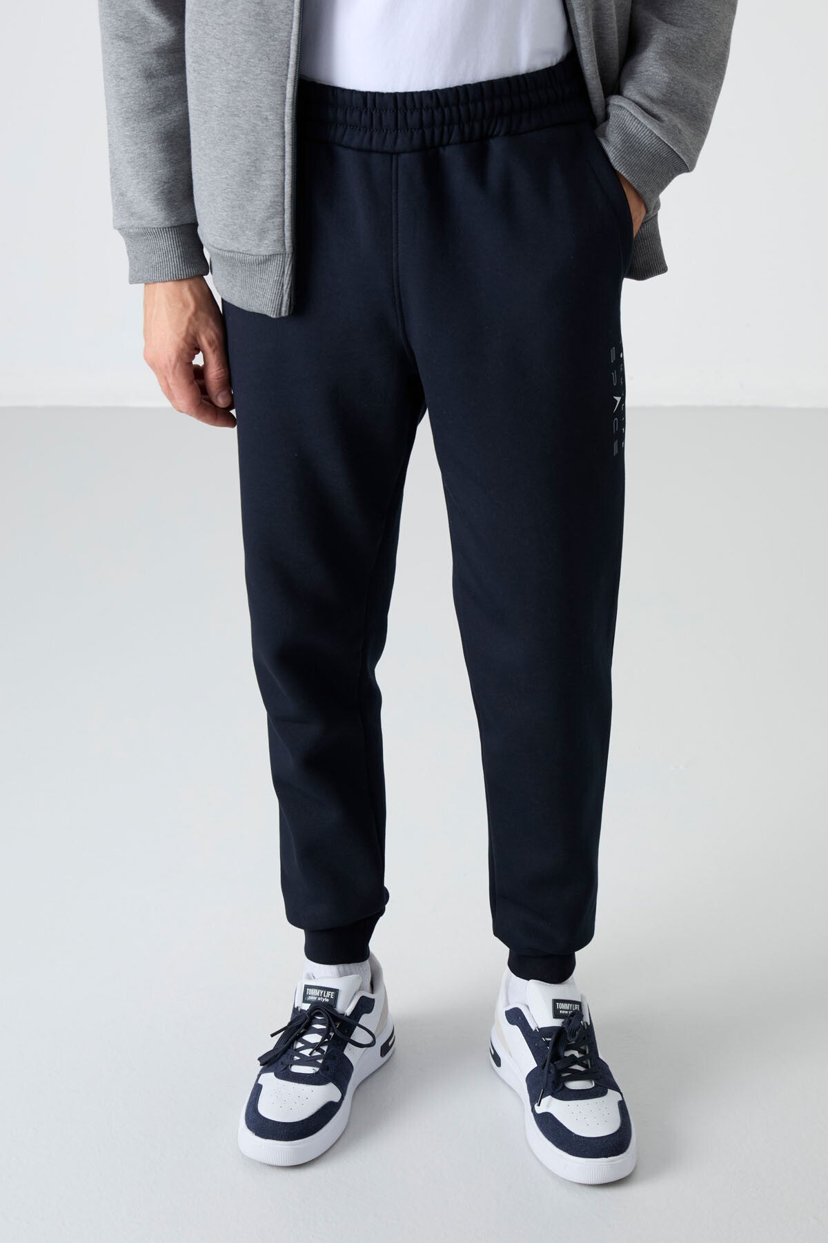 Grey Melange - Navy Blue High Collar Color Gradient Fleece Lined Men's Tracksuit Set - 85186