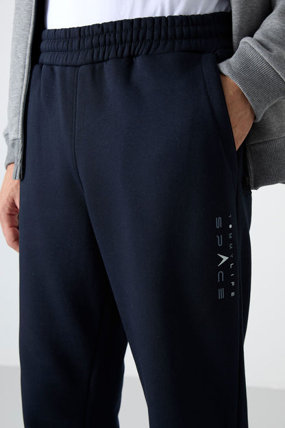 Grey Melange - Navy Blue High Collar Color Gradient Fleece Lined Men's Tracksuit Set - 85186