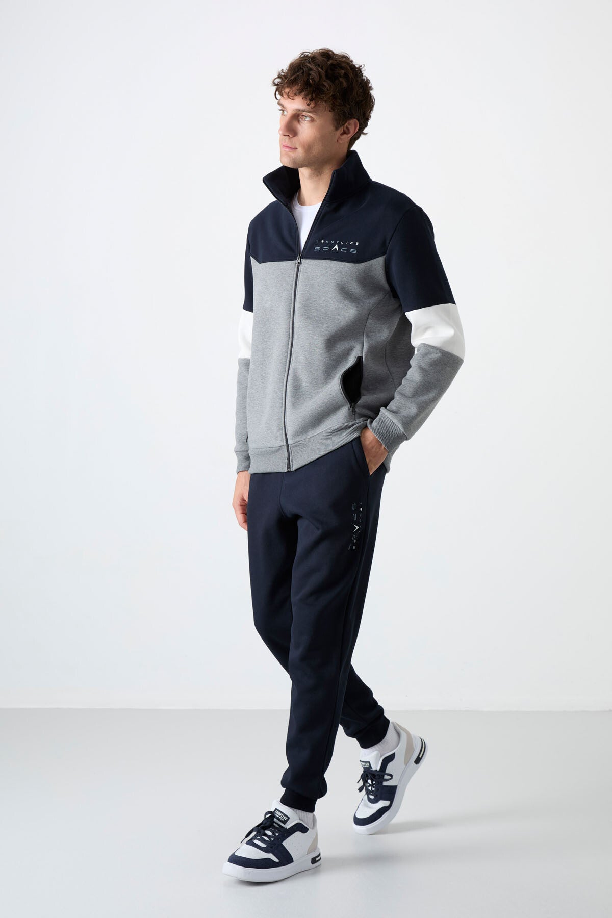 Grey Melange - Navy Blue High Collar Color Gradient Fleece Lined Men's Tracksuit Set - 85186