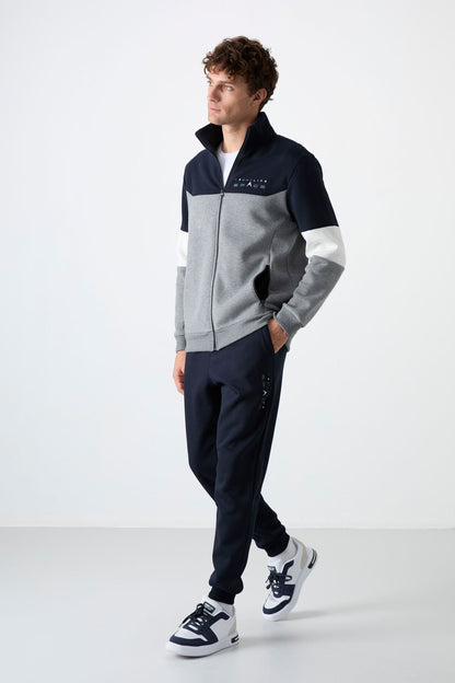 Grey Melange - Navy Blue High Collar Color Gradient Fleece Lined Men's Tracksuit Set - 85186