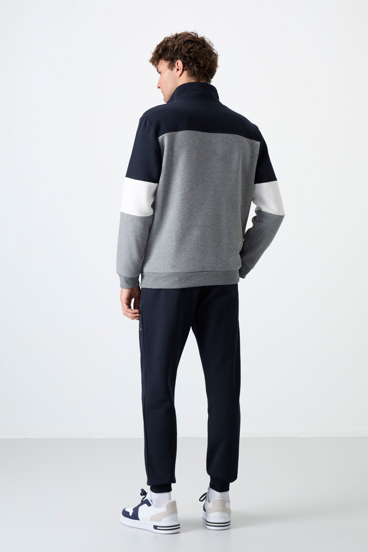 Grey Melange - Navy Blue High Collar Color Gradient Fleece Lined Men's Tracksuit Set - 85186