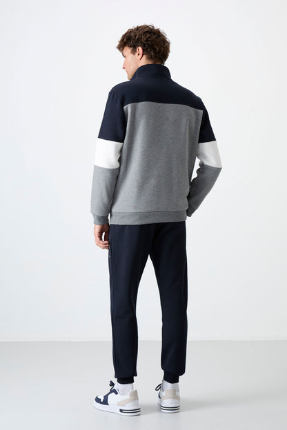 Grey Melange - Navy Blue High Collar Color Gradient Fleece Lined Men's Tracksuit Set - 85186