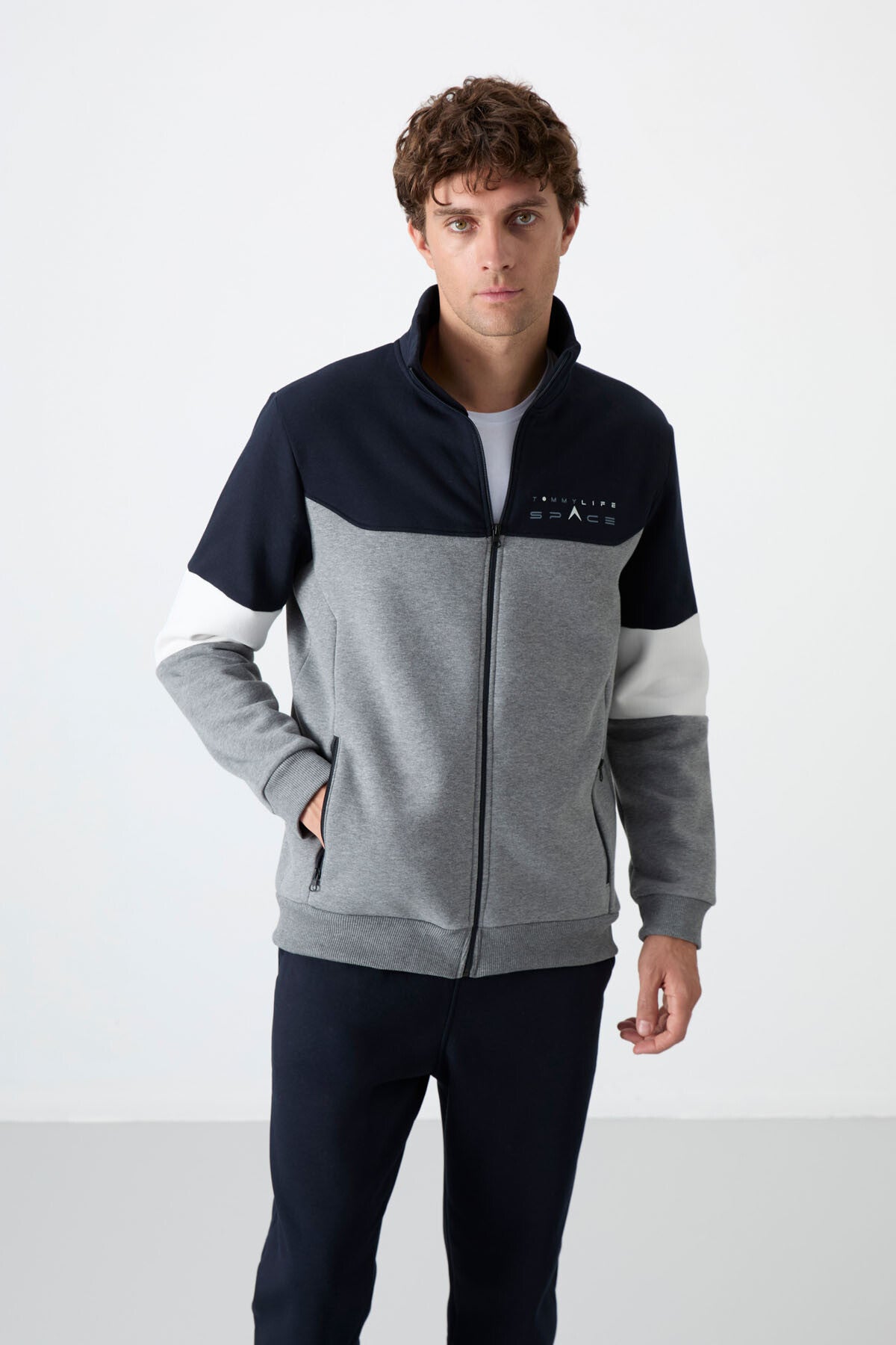 Grey Melange - Navy Blue High Collar Color Gradient Fleece Lined Men's Tracksuit Set - 85186