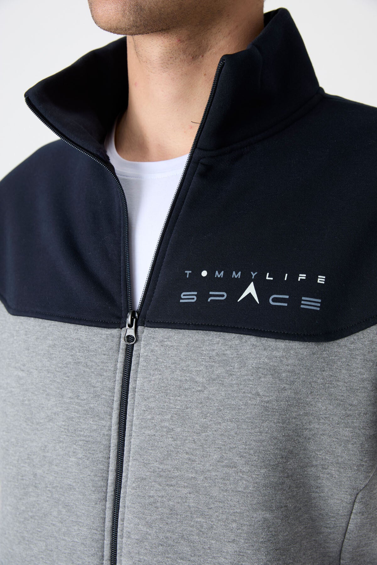 Grey Melange - Navy Blue High Collar Color Gradient Fleece Lined Men's Tracksuit Set - 85186