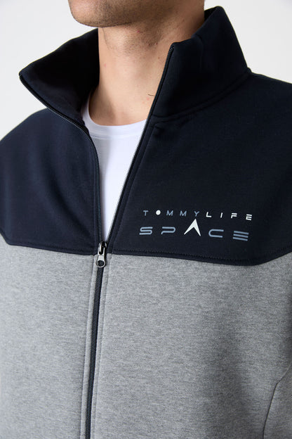 Grey Melange - Navy Blue High Collar Color Gradient Fleece Lined Men's Tracksuit Set - 85186