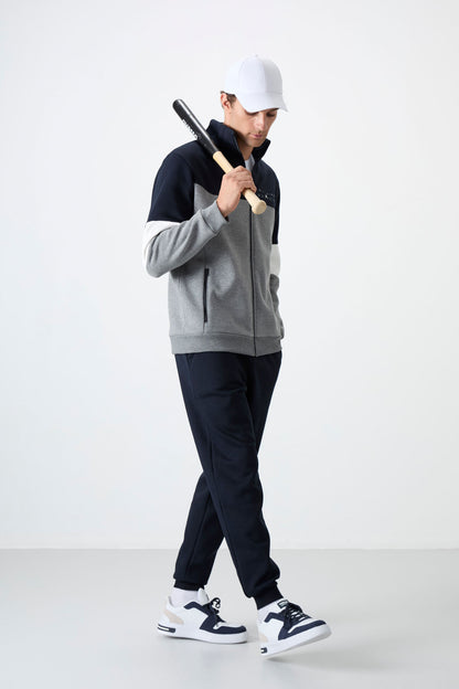 Grey Melange - Navy Blue High Collar Color Gradient Fleece Lined Men's Tracksuit Set - 85186