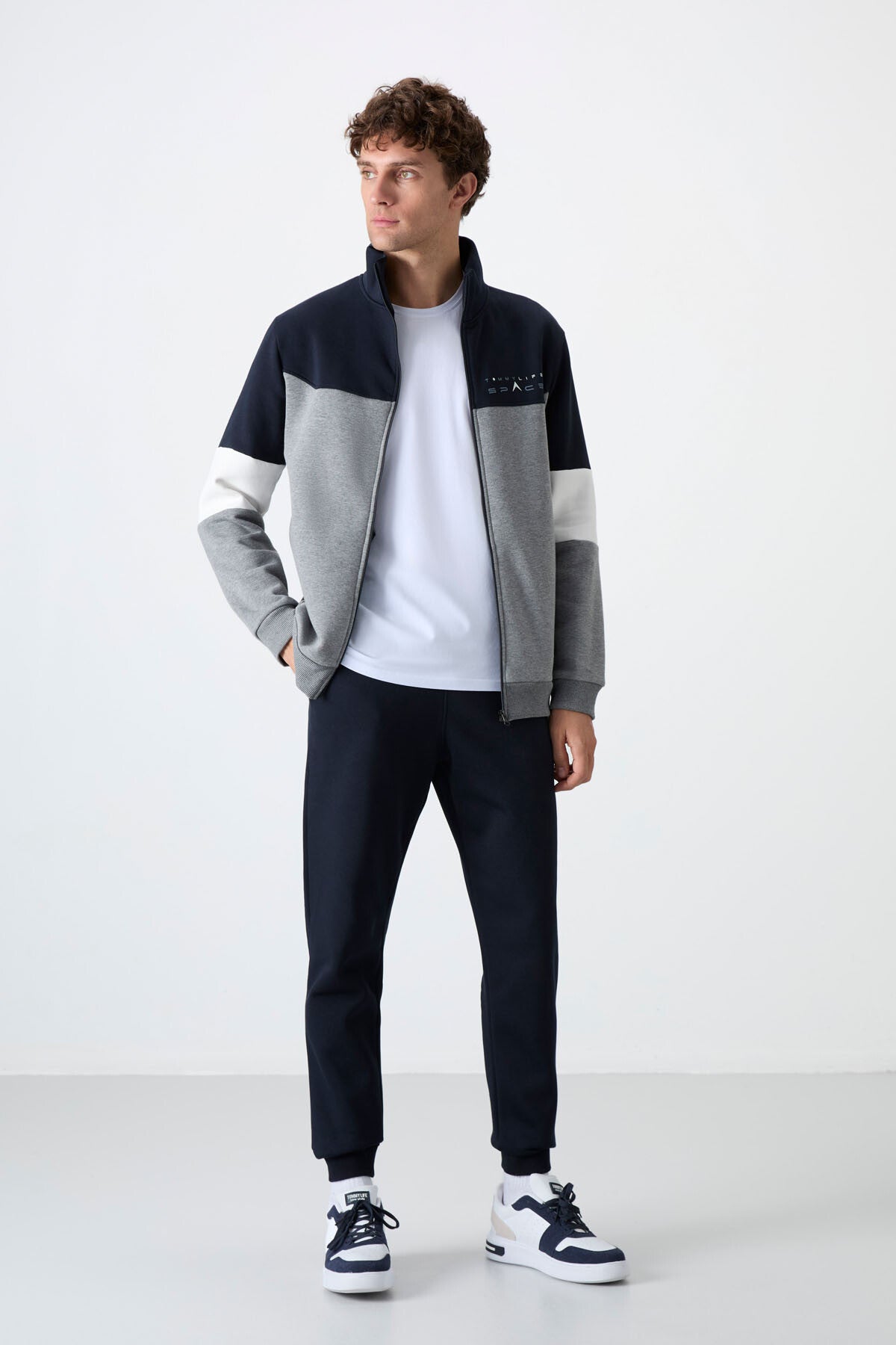 Grey Melange - Navy Blue High Collar Color Gradient Fleece Lined Men's Tracksuit Set - 85186