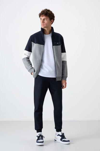 Grey Melange - Navy Blue High Collar Color Gradient Fleece Lined Men's Tracksuit Set - 85186