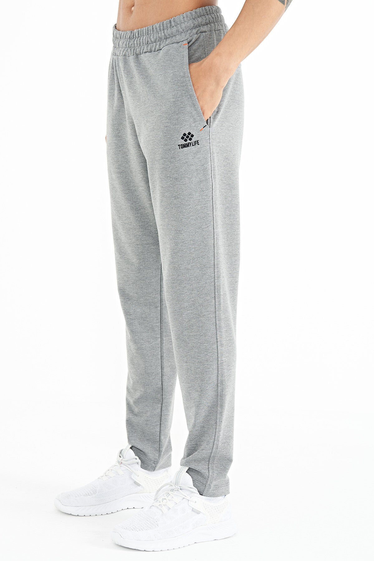 Grey Melange Logo Embroidered Detailed Side Pocket Standard Fit Men's Tracksuit Bottom - 84967