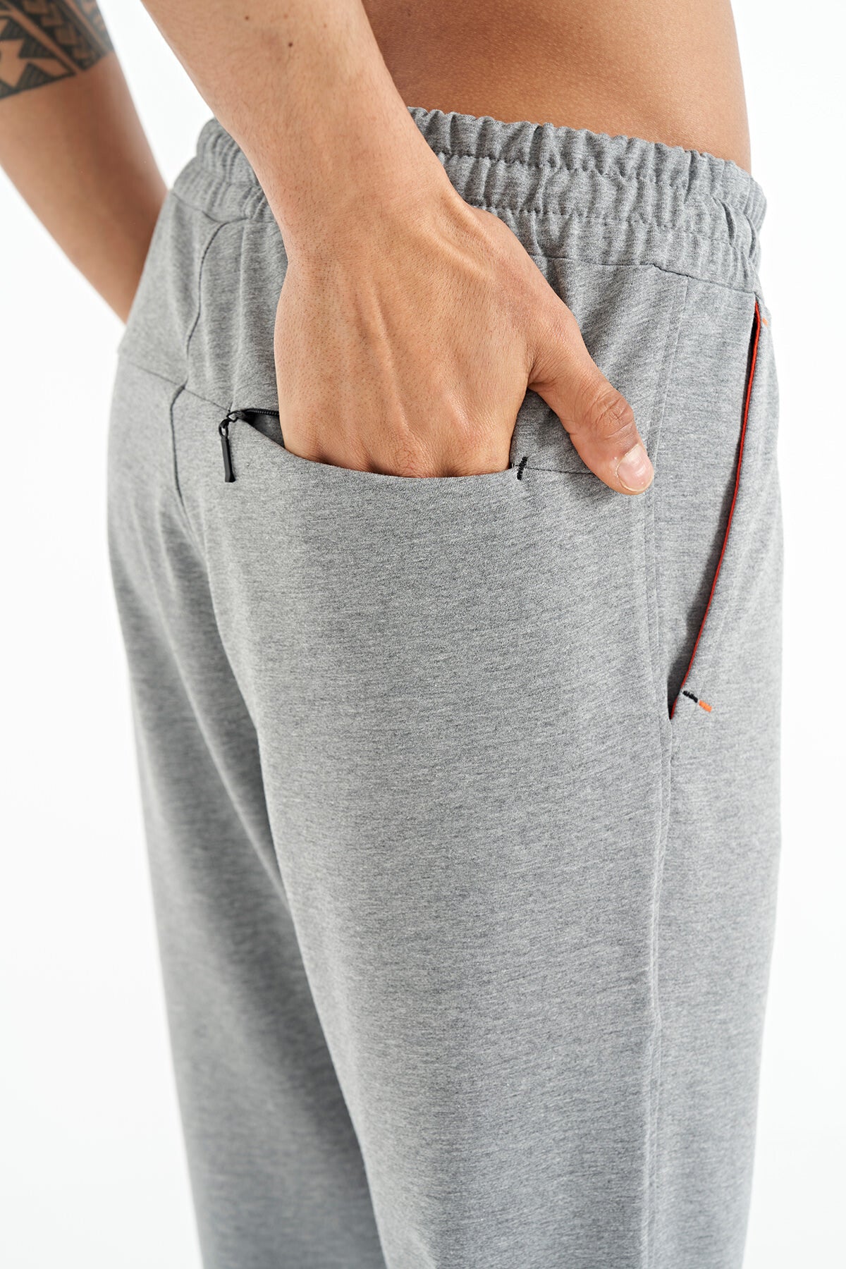 Grey Melange Logo Embroidered Detailed Side Pocket Standard Fit Men's Tracksuit Bottom - 84967
