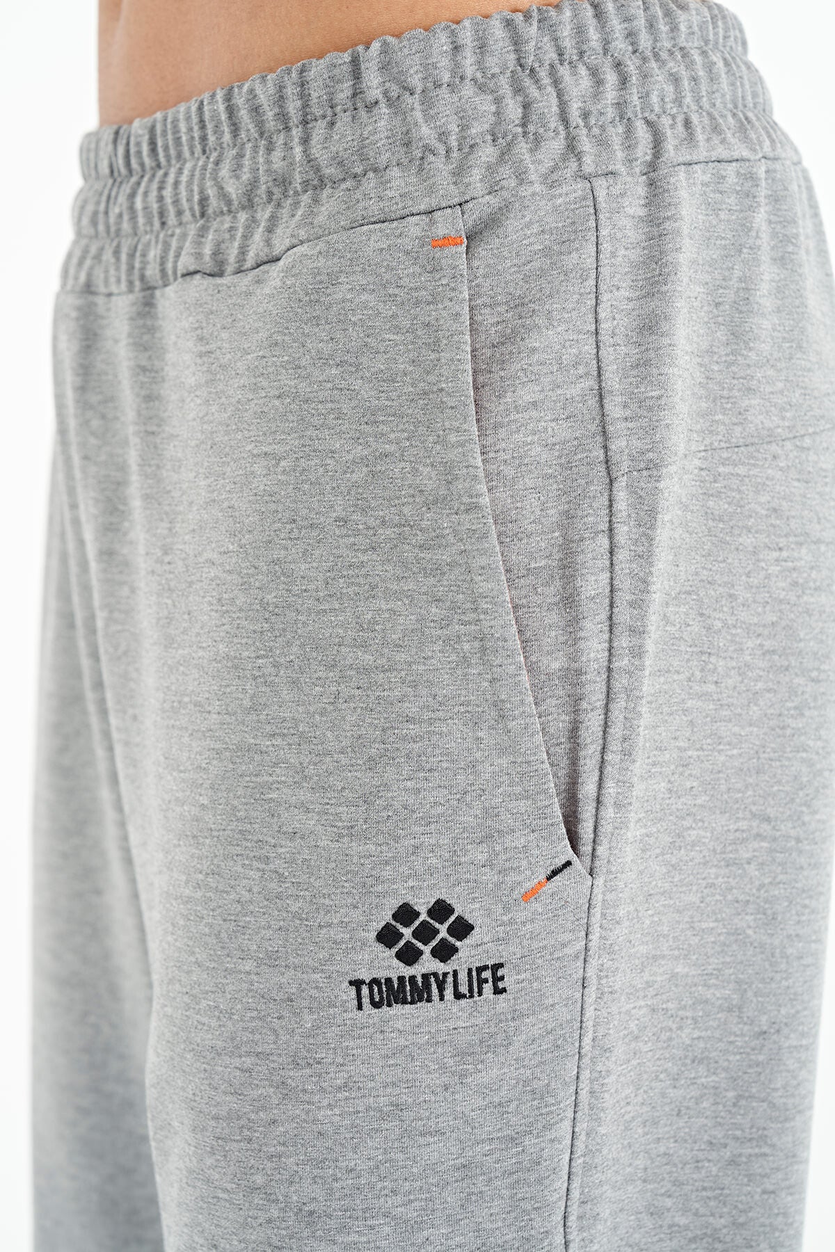 Grey Melange Logo Embroidered Detailed Side Pocket Standard Fit Men's Tracksuit Bottom - 84967