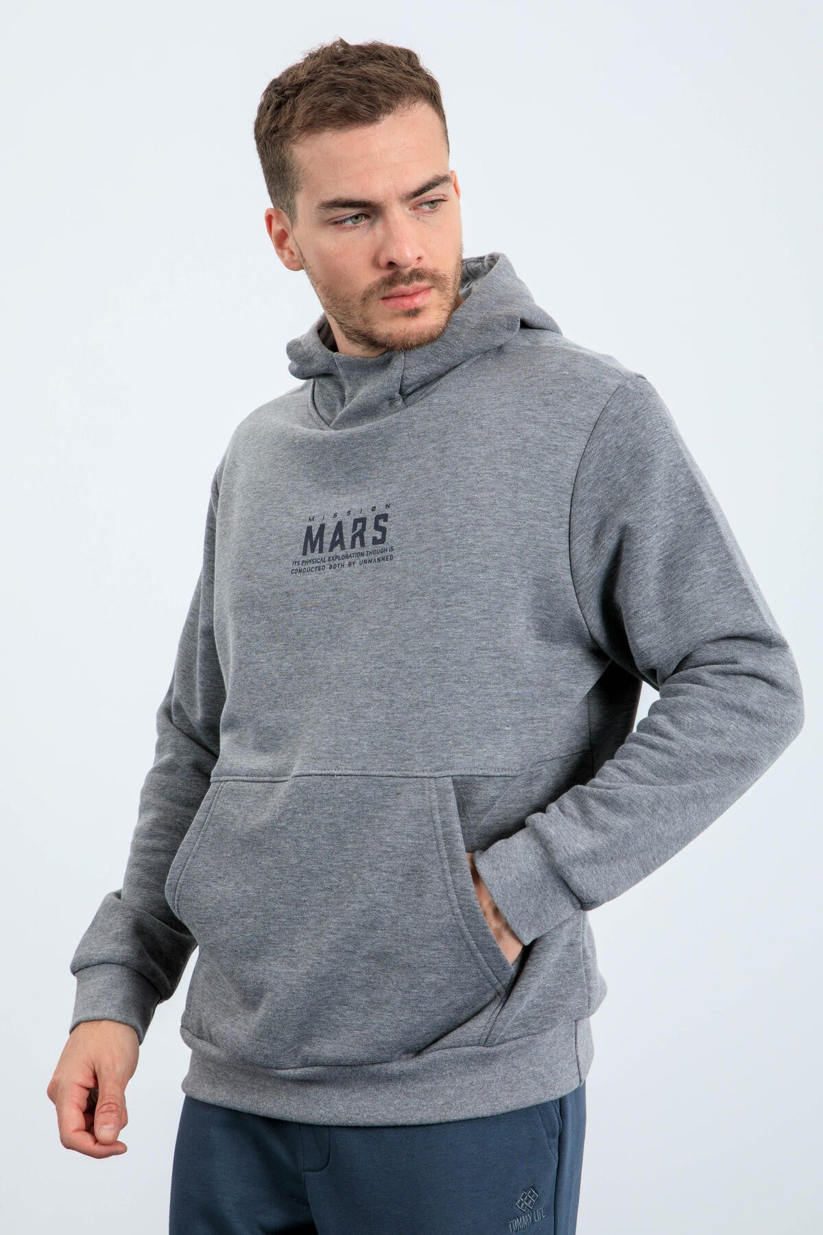 Grey Melange Mars Print and Back Printed Comfortable Fit Men's Hooded Sweatshirt - 88032