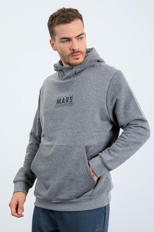 Grey Melange Mars Print and Back Printed Comfortable Fit Men's Hooded Sweatshirt - 88032
