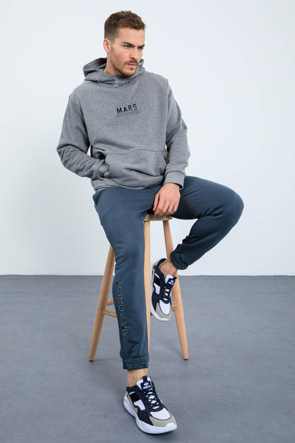 Grey Melange Mars Print and Back Printed Comfortable Fit Men's Hooded Sweatshirt - 88032