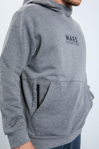Grey Melange Mars Print and Back Printed Comfortable Fit Men's Hooded Sweatshirt - 88032