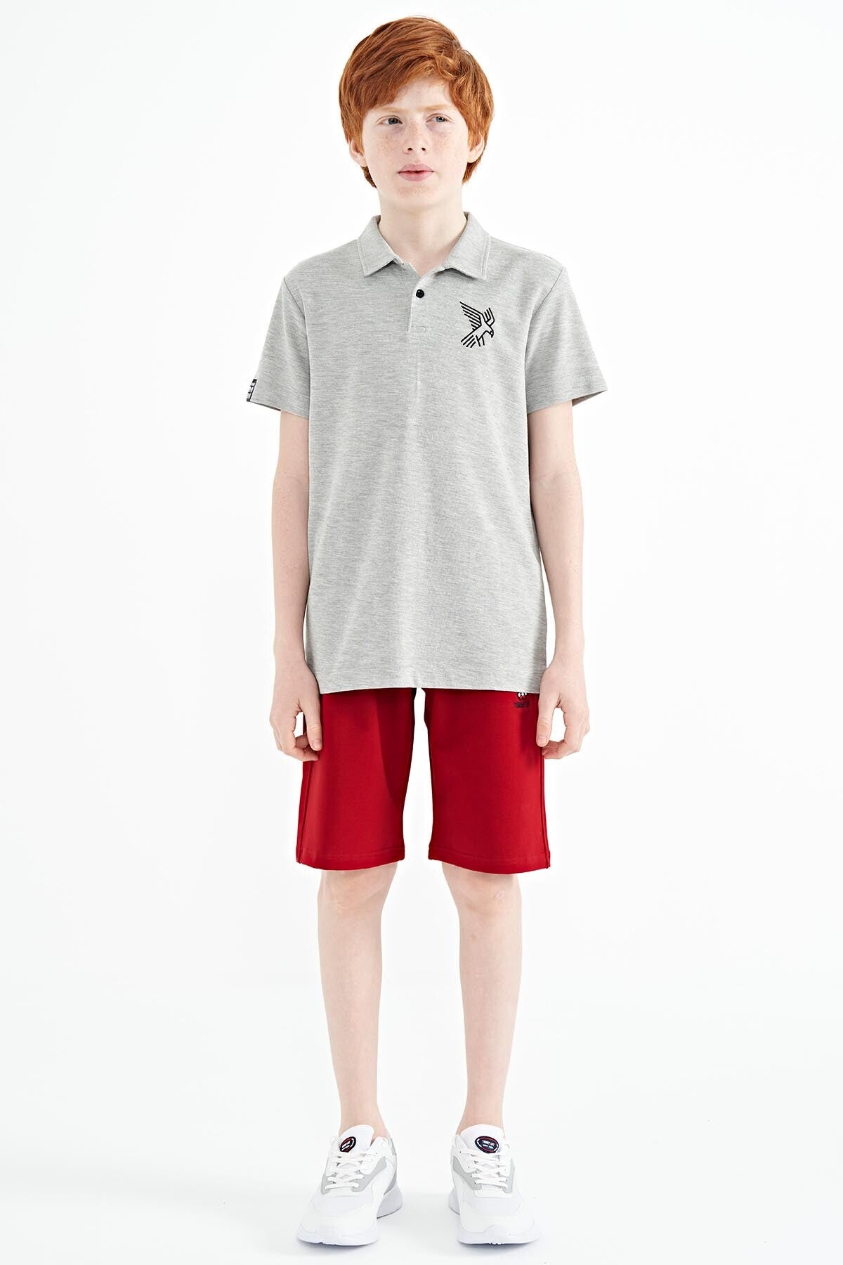 Grey Melange Minimal Embroidery Detailed Standard Fit Polo Collar Boys T-Shirt - 11084