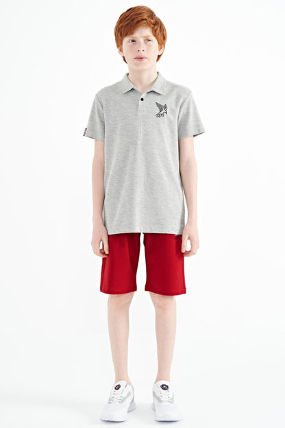 Grey Melange Minimal Embroidery Detailed Standard Fit Polo Collar Boys T-Shirt - 11084