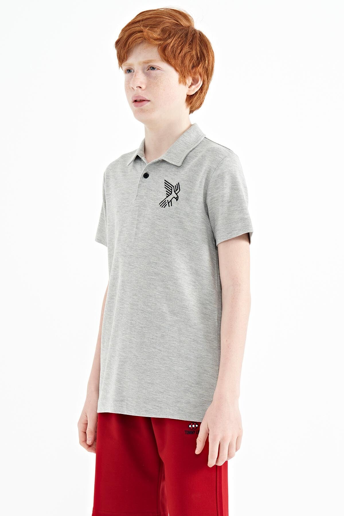 Grey Melange Minimal Embroidery Detailed Standard Fit Polo Collar Boys T-Shirt - 11084
