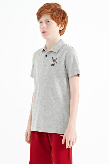 Grey Melange Minimal Embroidery Detailed Standard Fit Polo Collar Boys T-Shirt - 11084