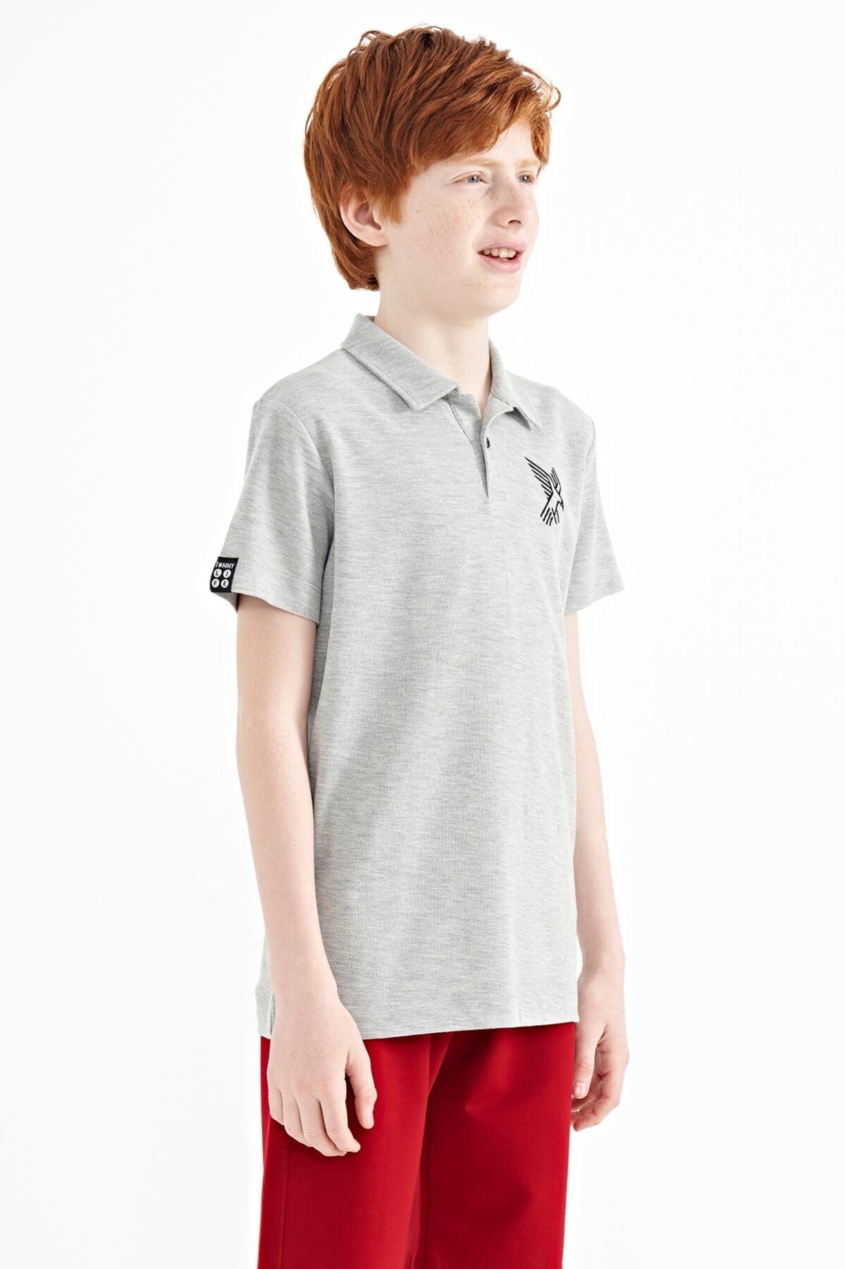 Grey Melange Minimal Embroidery Detailed Standard Fit Polo Collar Boys T-Shirt - 11084