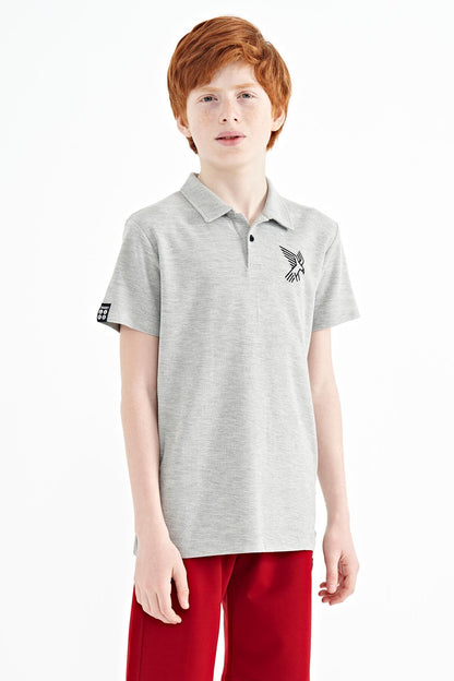 Grey Melange Minimal Embroidery Detailed Standard Fit Polo Collar Boys T-Shirt - 11084