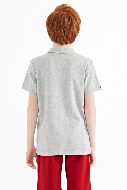 Grey Melange Minimal Embroidery Detailed Standard Fit Polo Collar Boys T-Shirt - 11084