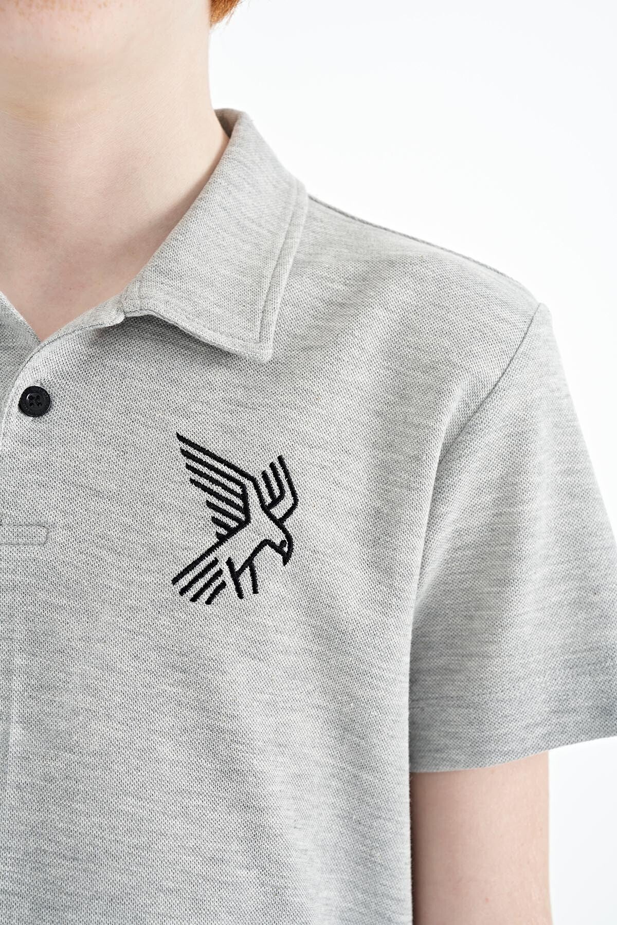 Grey Melange Minimal Embroidery Detailed Standard Fit Polo Collar Boys T-Shirt - 11084