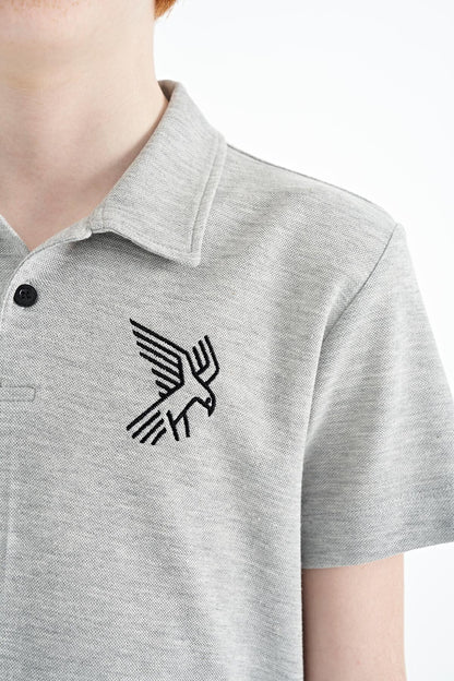 Grey Melange Minimal Embroidery Detailed Standard Fit Polo Collar Boys T-Shirt - 11084