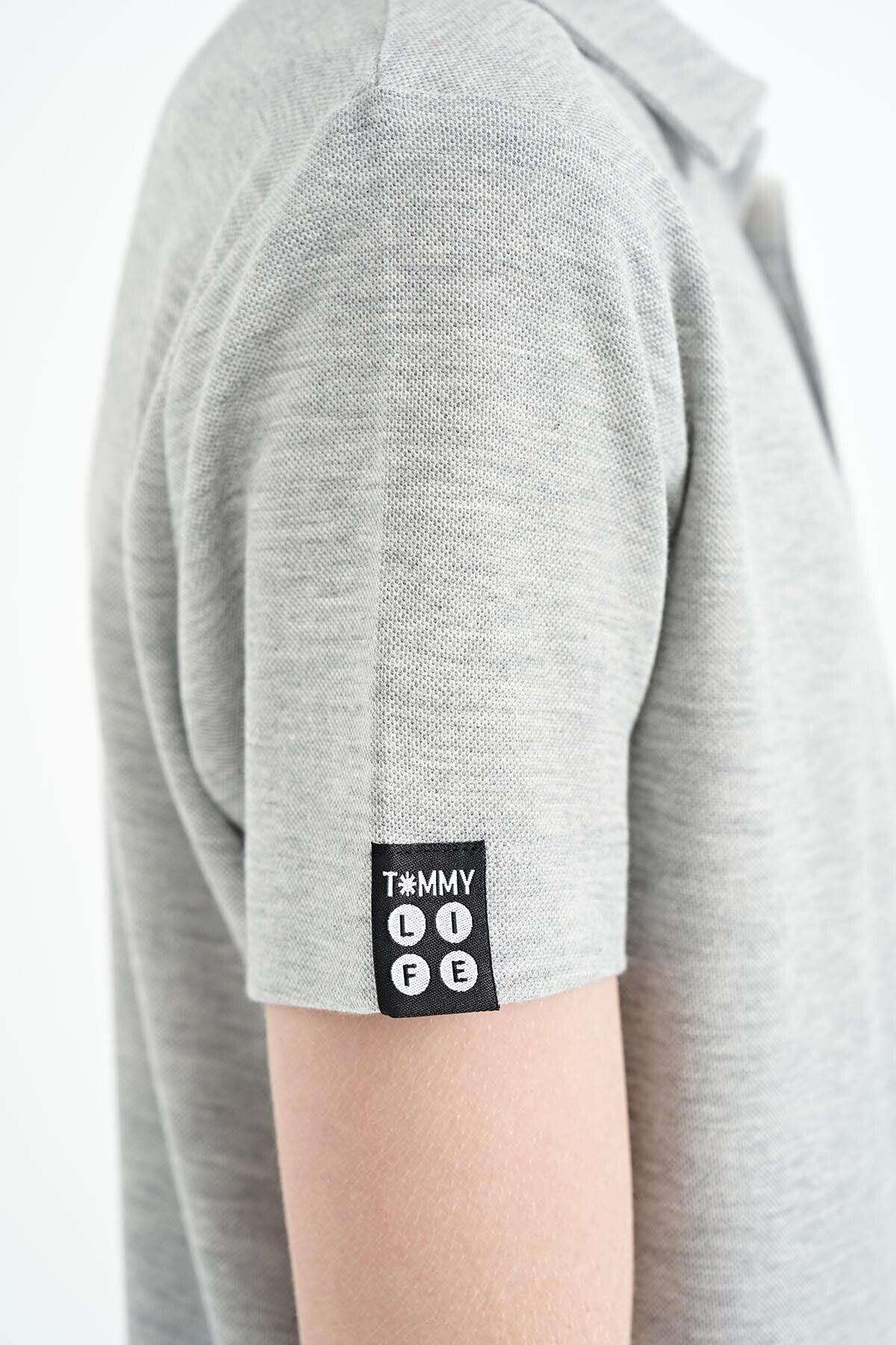 Grey Melange Minimal Embroidery Detailed Standard Fit Polo Collar Boys T-Shirt - 11084