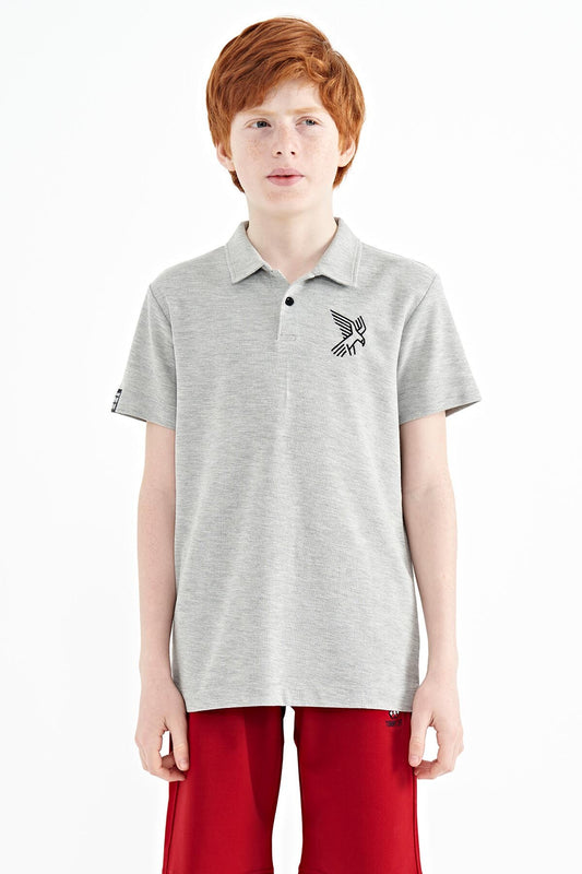 Grey Melange Minimal Embroidery Detailed Standard Fit Polo Collar Boys T-Shirt - 11084