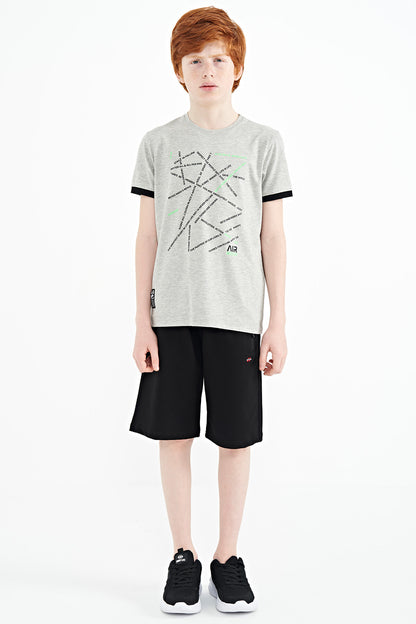 Grey Melange Minimal Print Standard Fit O Collar Boys T-Shirt - 11132