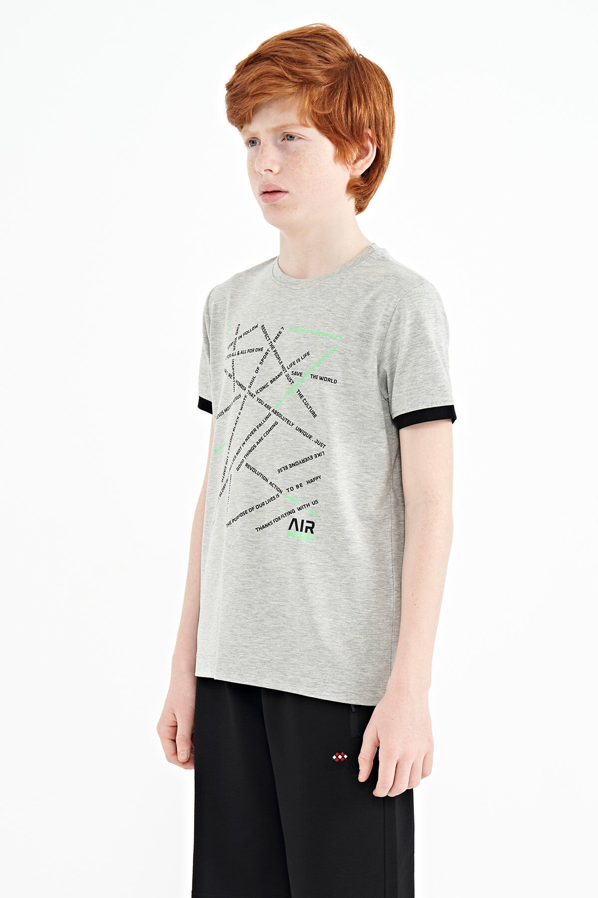 Grey Melange Minimal Print Standard Fit O Collar Boys T-Shirt - 11132