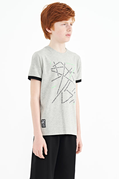 Grey Melange Minimal Print Standard Fit O Collar Boys T-Shirt - 11132