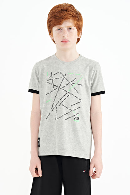Grey Melange Minimal Print Standard Fit O Collar Boys T-Shirt - 11132