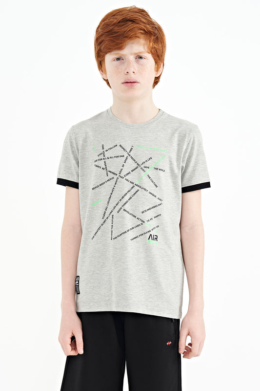 Grey Melange Minimal Print Standard Fit O Collar Boys T-Shirt - 11132
