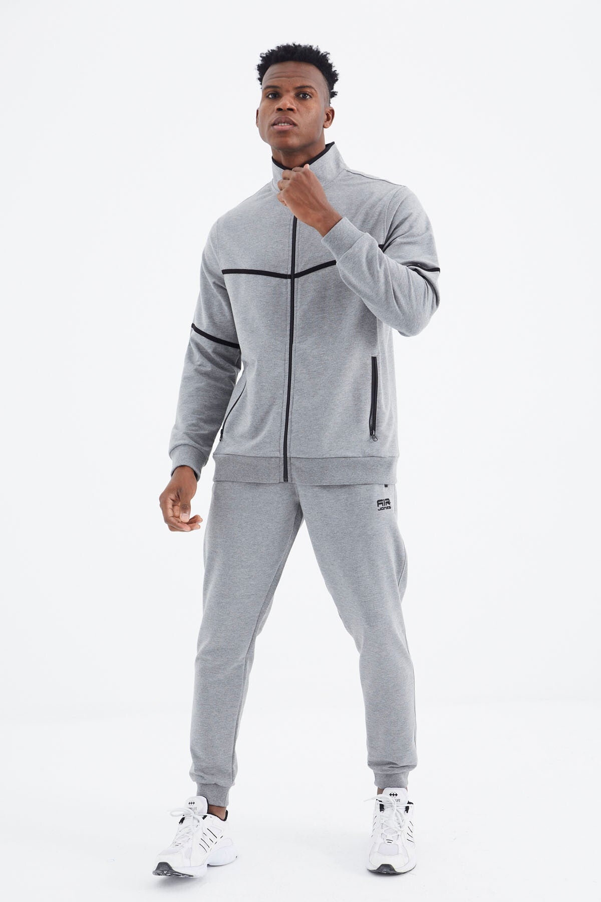Myron Grey Melange Round Neck Men's Tracksuit Set - 85234