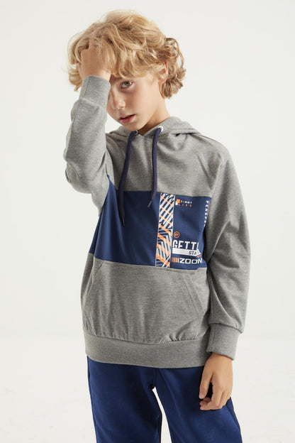 Grey Melange Embroidered Kangaroo Pocket Hooded Regular Fit Boys' Sweatshirt - 11010