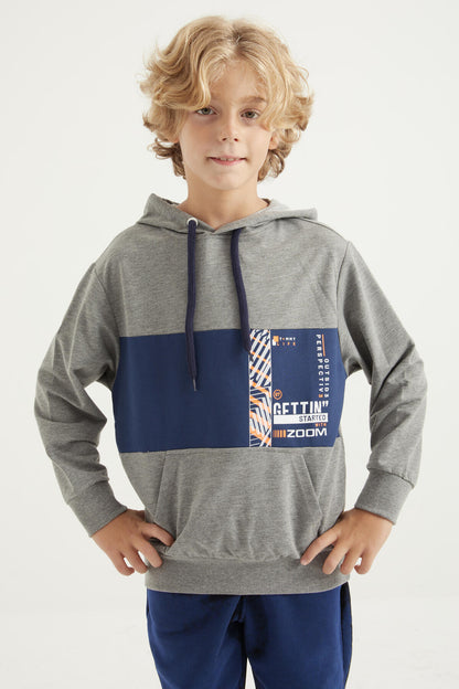 Grey Melange Embroidered Kangaroo Pocket Hooded Regular Fit Boys' Sweatshirt - 11010