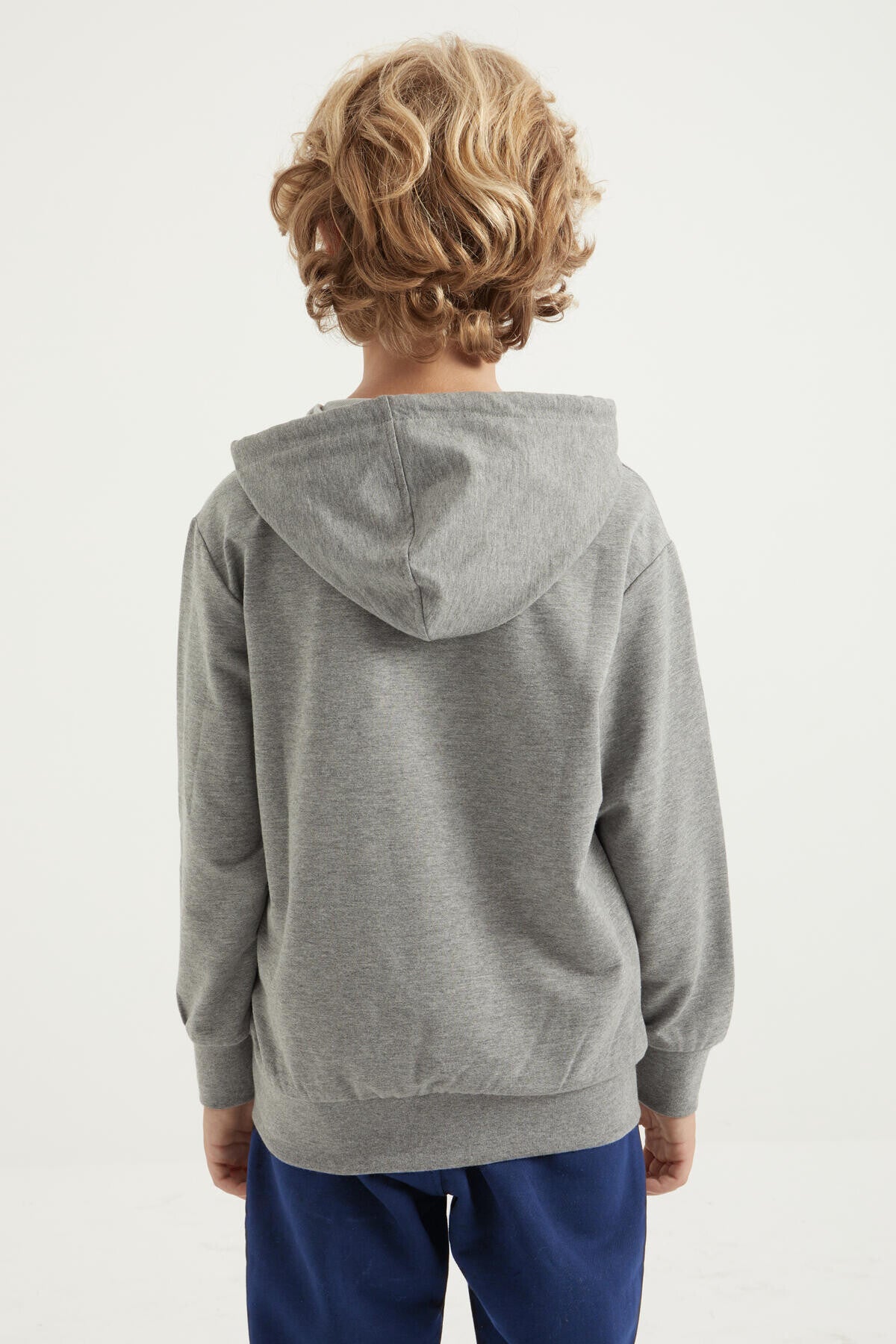 Grey Melange Embroidered Kangaroo Pocket Hooded Regular Fit Boys' Sweatshirt - 11010
