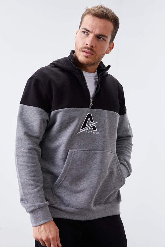 Grey Melange Men's Half Zip Standard Fit Hooded Sweatshirt - 88033