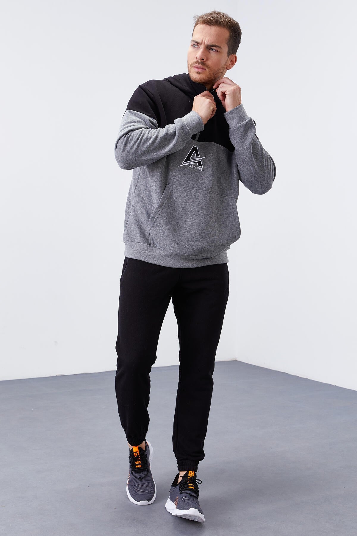 Grey Melange Men's Half Zip Standard Fit Hooded Sweatshirt - 88033