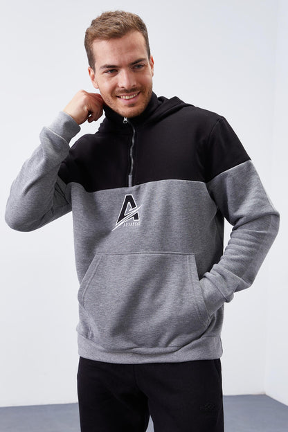 Grey Melange Men's Half Zip Standard Fit Hooded Sweatshirt - 88033