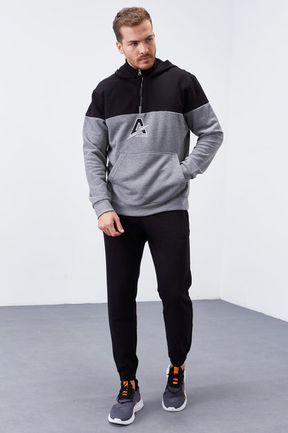Grey Melange Men's Half Zip Standard Fit Hooded Sweatshirt - 88033