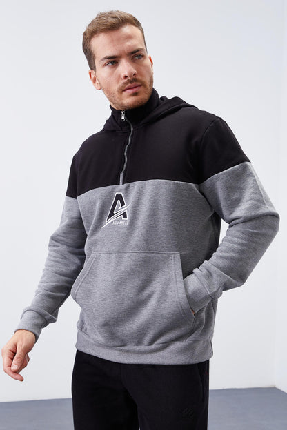 Grey Melange Men's Half Zip Standard Fit Hooded Sweatshirt - 88033