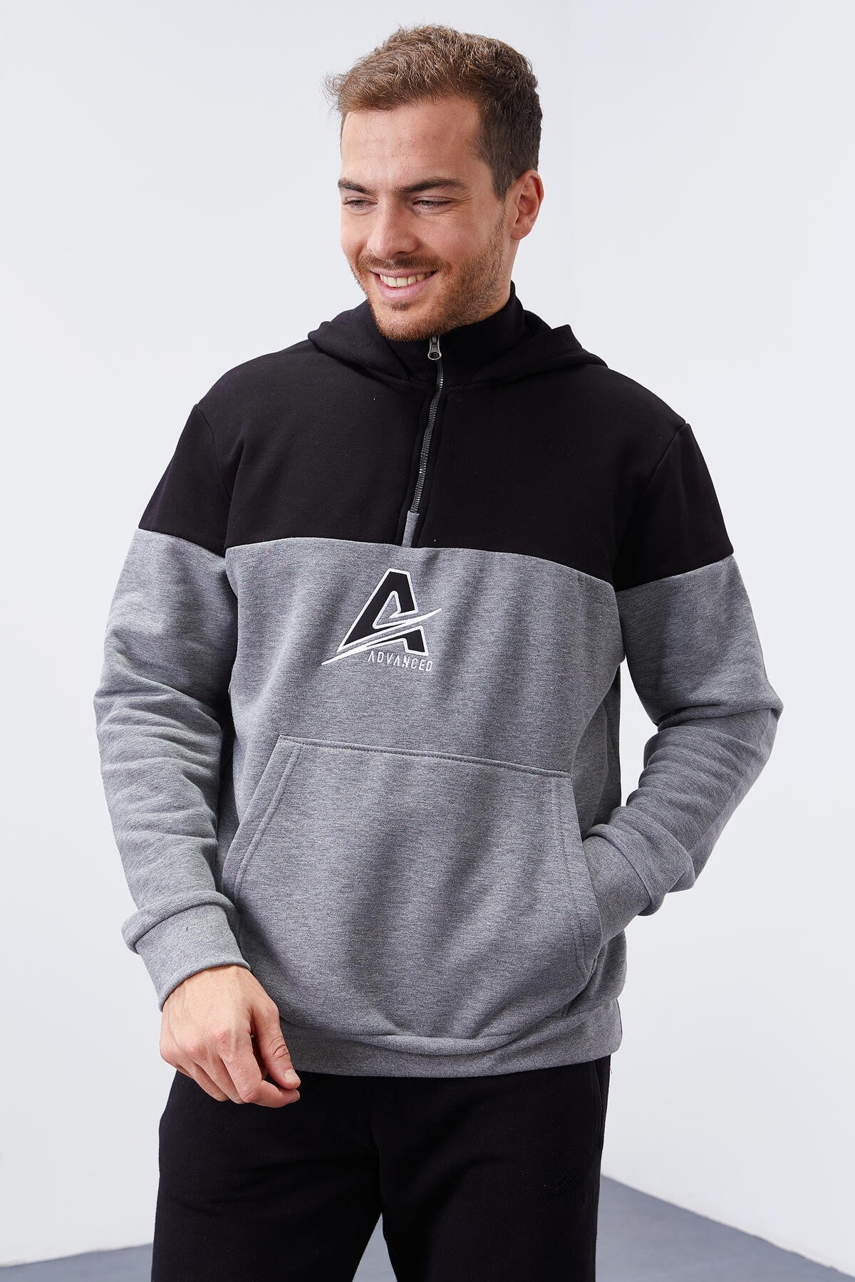 Grey Melange Men's Half Zip Standard Fit Hooded Sweatshirt - 88033