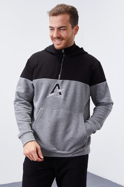 Grey Melange Men's Half Zip Standard Fit Hooded Sweatshirt - 88033