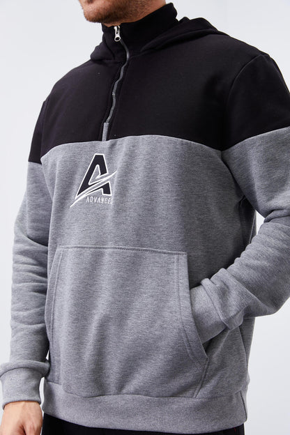 Grey Melange Men's Half Zip Standard Fit Hooded Sweatshirt - 88033