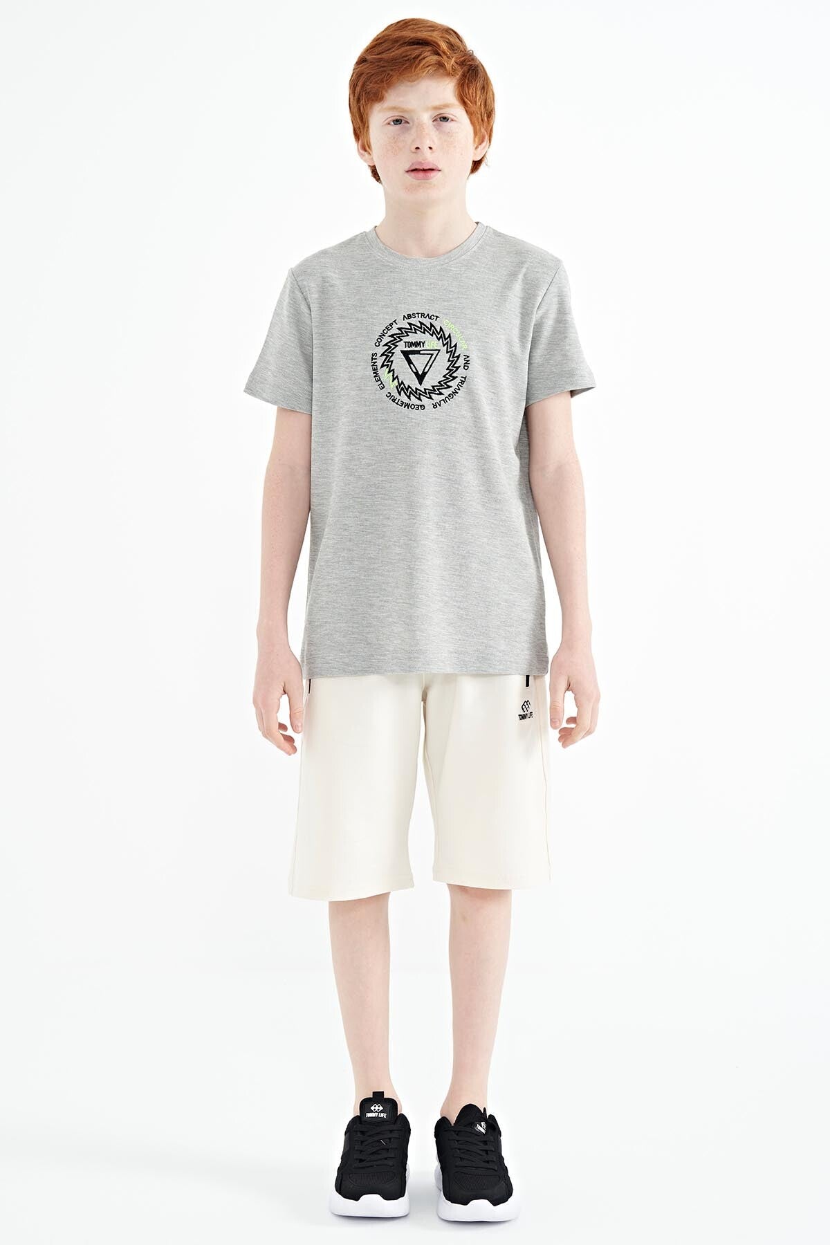Grey Melange Embroidered Detailed O Collar Standard Fit Boys T-Shirt - 11115
