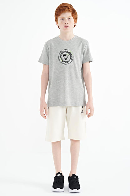 Grey Melange Embroidered Detailed O Collar Standard Fit Boys T-Shirt - 11115