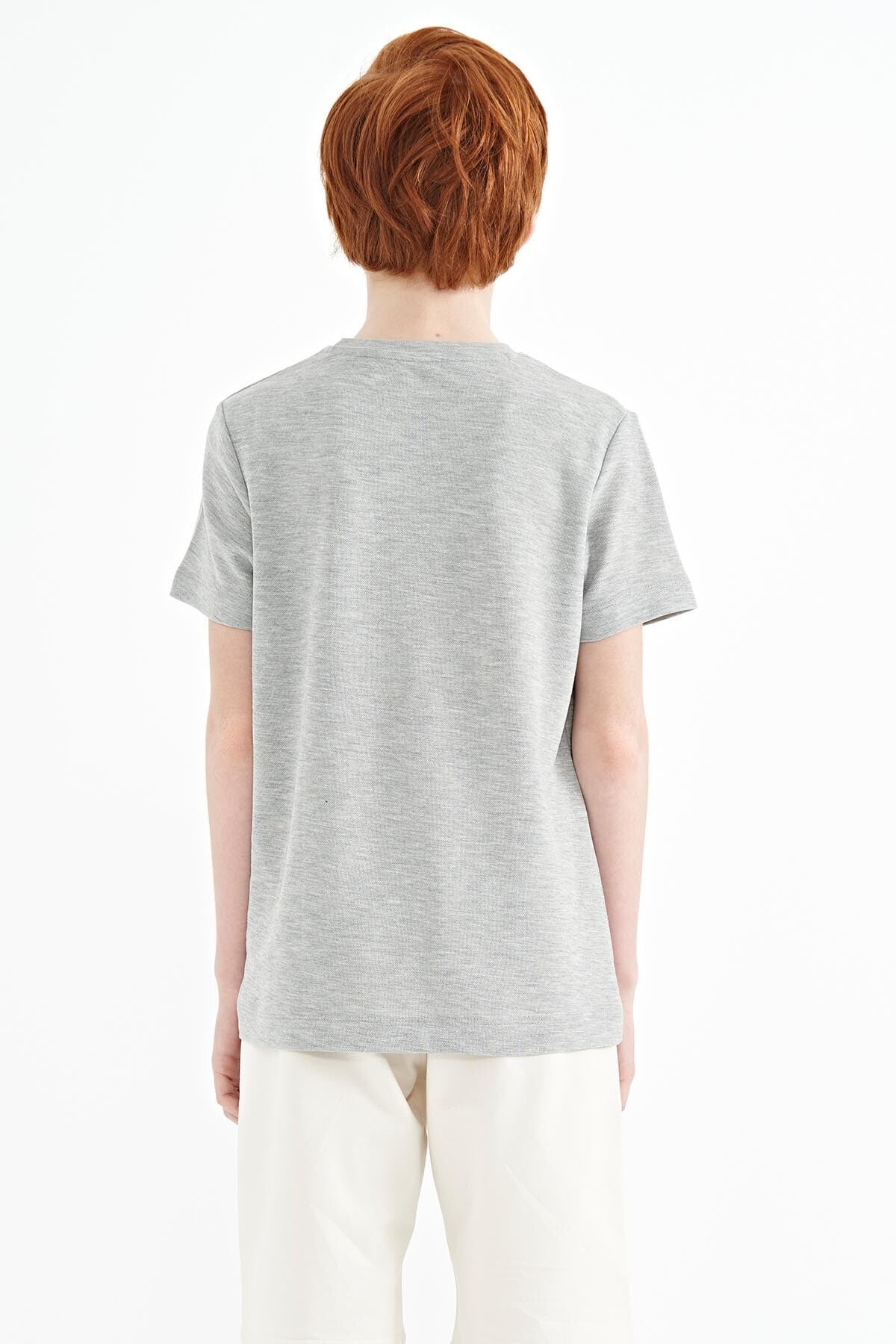 Grey Melange Embroidered Detailed O Collar Standard Fit Boys T-Shirt - 11115